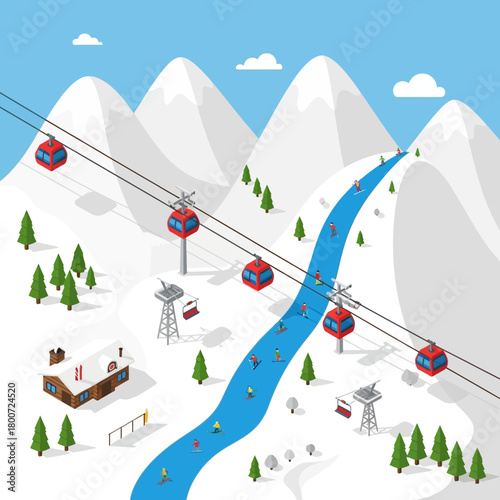Isometric Ski Resort with Gondola Lifts and Skiers.