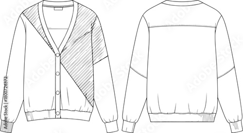 “Women’s cardigan fashion flat, asymmetrical panel sweater design, V-neck button cardigan illustration, garment technical drawing, knitwear template, clothing vector art”