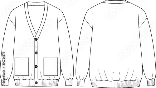 Cardigan technical drawing, minimalist fashion flat sketch, front and back apparel template, knitwear design outline, garment illustration for clothing production and pattern development