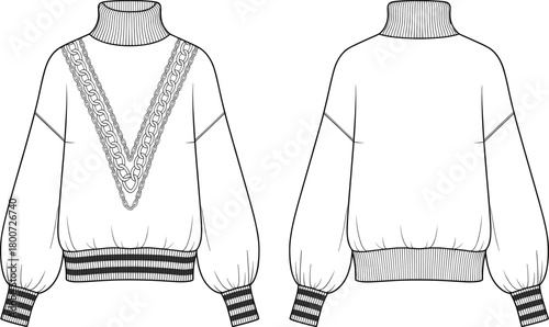 Cozy turtleneck sweater flat sketch with V-lace detail, balloon sleeves, striped rib cuffs and hem, technical fashion illustration, garment template