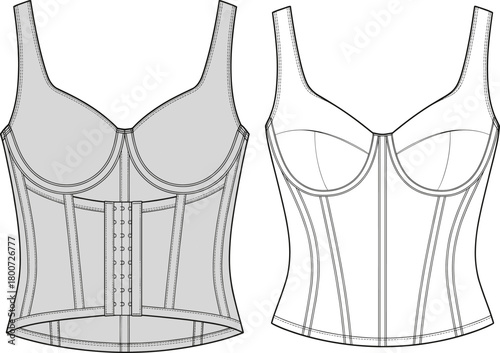Corset top fashion flat sketch, structured bustier design with boning, technical garment illustration, detailed apparel template for designers and sewing patterns