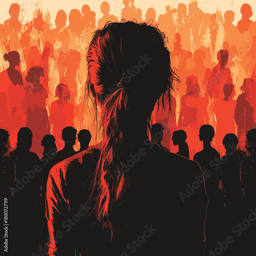 Silhouette of a woman in front of a background of peoples. Unstable Psycho. Generative AI. , vector style simple color