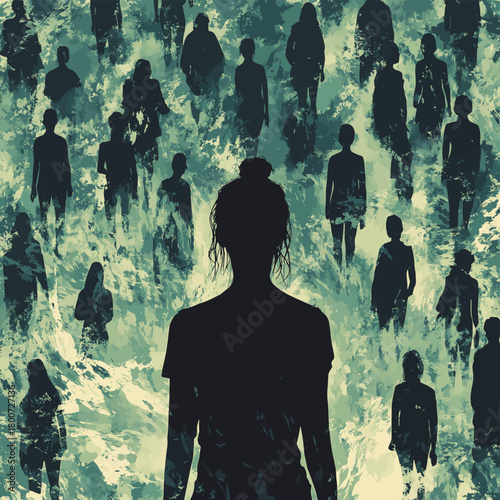 Silhouette of a woman in front of a background of peoples. Unstable Psycho. Generative AI. , vector style simple color