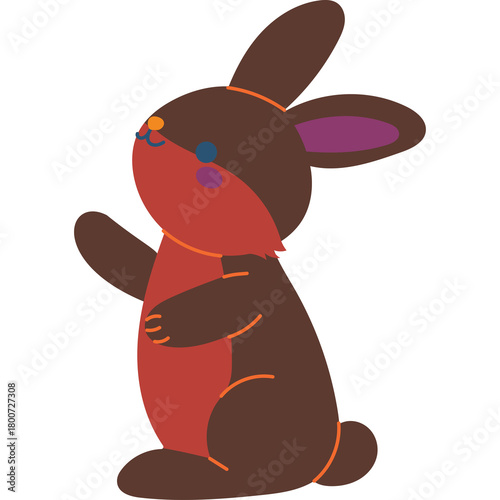 Brown Cartoon Bunny With Red Chest And Purple Inner Ears Waving On Transparent Background