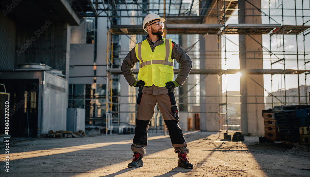 Obraz premium Male construction worker in yellow safety vest and white hard hat at building site with scaffolding background