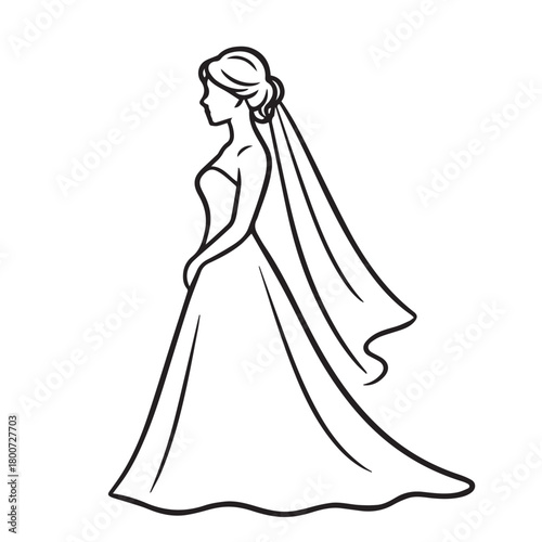 A minimalist black and white vector depicting a bride wearing a wedding gown in a side view, emphasizing soft contours and a refined, elegant form through simple line art.
