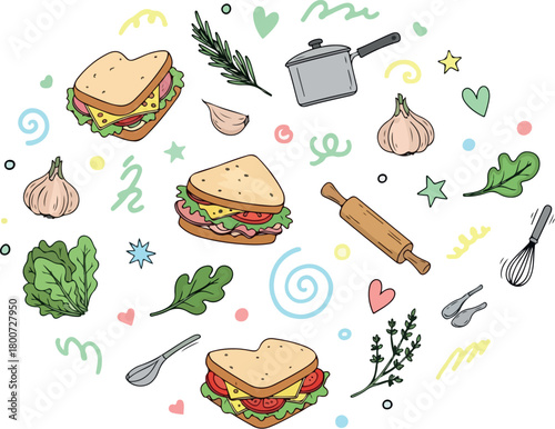 Sandwich and Cooking Ingredients Doodle Illustration.
