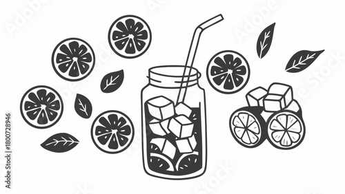 Hand drawn lemonade jar with slices cubes leaves refreshing summer drink vector illustration