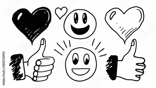 Doodle icons set thumbs up hearts happy faces vector illustration scalable eps icon