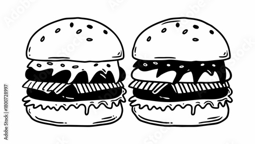 Hand drawn vector illustration of two delicious double burgers with sauce on