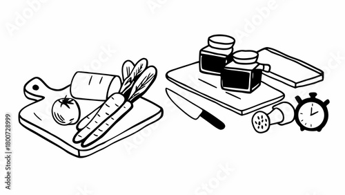 Doodle style vector illustration of lunch prep with vegetables cutting board and timer