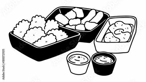 Vector doodle illustration of fried chicken nuggets and dips in black and white