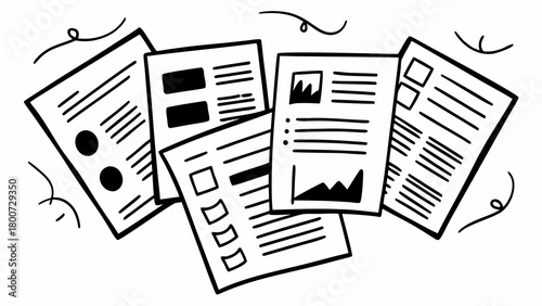 Doodle style set of office documents papers reports charts and lists vector illustration