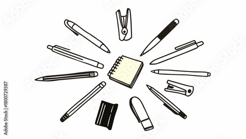 Hand drawn doodle office essentials pens notebook stationery supplies vector illustration