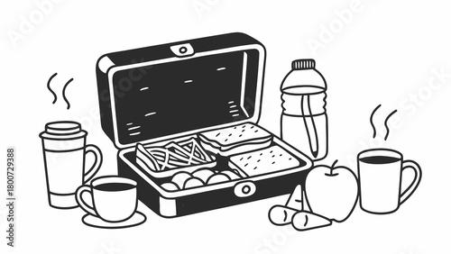 Vector illustration of a delicious office lunch box set with coffee and water