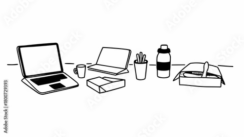 Office lunch break desk scene sketches laptop coffee cup lunchbox vector illustration
