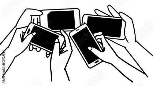 Doodle style hands holding multiple smartphones vector illustration for digital communication concepts