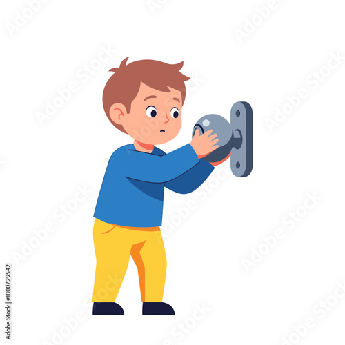 Curious Young Boy Attempting to Open a Door with a Doorknob