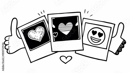 Doodle style vector icons set of instant photos with hearts and thumbs up