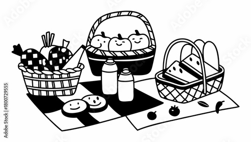 Hand-drawn vector illustration of a picnic food set with baskets snacks and drinks