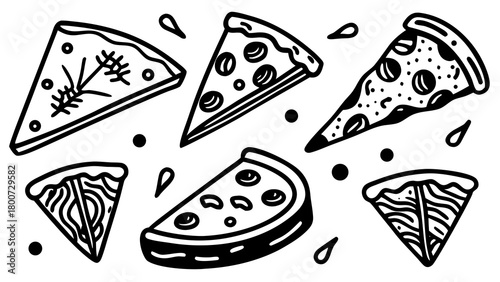 Hand drawn pizza slices vector set cheesy delicious doodle food illustration scalable eps