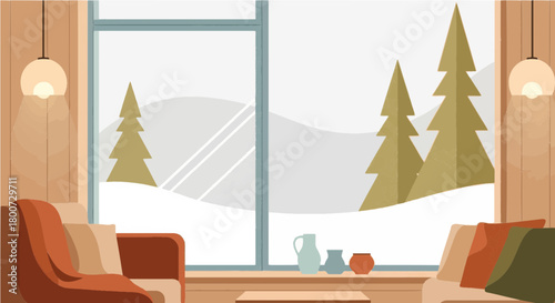 The image captures a cozy and serene living room interior with a stunning panoramic view of a winter landscape. Large glass windows frame a tranquil scene of snow-covered ground and dense evergreen 