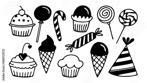 Hand-drawn birthday sweets vector collection festive party treats scalable illustration