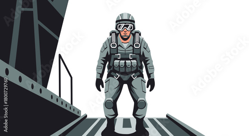 Vector illustration of a paratrooper in full gear standing in an aircraft