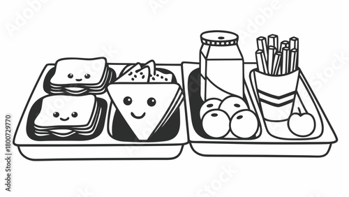Cute cartoon food tray illustration with sandwiches fries and fruit vector