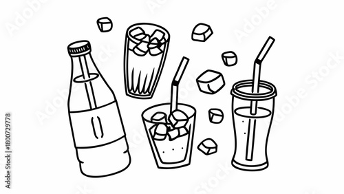 Hand-drawn vector doodle set of refreshing drinks and ice cubes for design