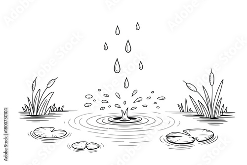 Black and White Sketch of Raindrops Falling into a Pond with Lily Pads and Reeds water