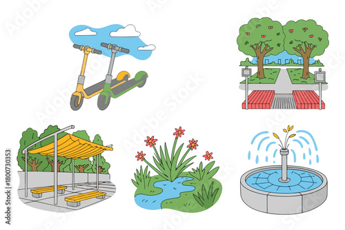 Colorful Illustrations of Park Amenities and Features public space electric scooters