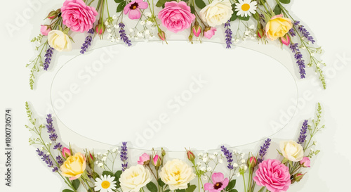 Top view of a delicate floral frame made of colorful roses, lavender, and chamomile on a white background, creating an elegant oval border for text