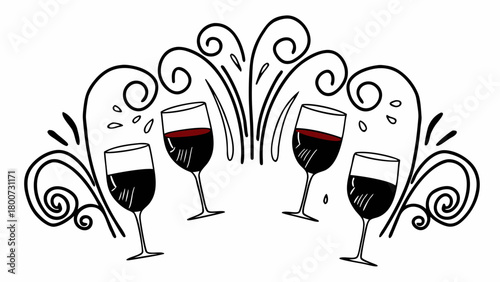 Vector illustration doodles of red wine glasses swirls decorative element scalable eps