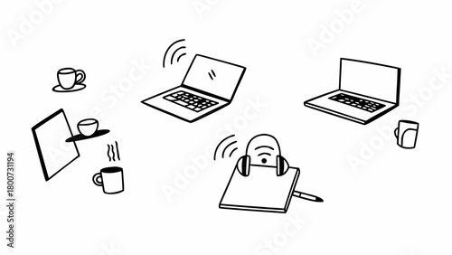 Remote work doodles set vector illustration laptops wi-fi coffee cubicles scalable icon