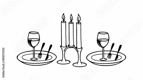 Romantic dinner setting vector illustration candlelight wine glasses plates utensils doodles