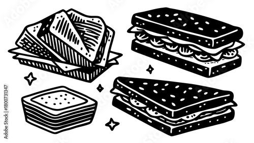 Hand drawn club sandwich vector illustrations set delicious layered food design elements