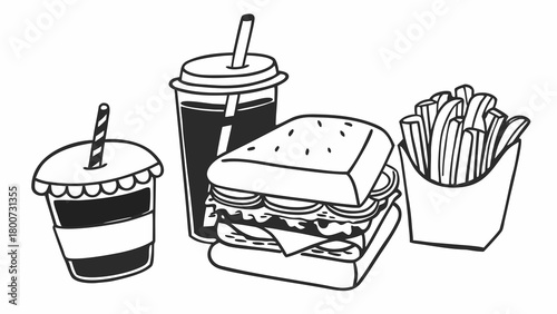 Hand drawn doodle fast food sandwich combo meal with fries and drinks vector illustration