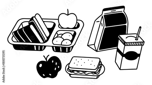 Cute doodle lunch set vector illustration scalable food tray sandwich apple drink
