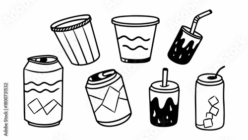 Doodle vector set soda cans and cups scalable illustration eps icon