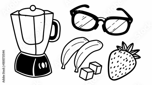 Hand drawn vector smoothie ingredients blender fruit glasses isolated scalable eps