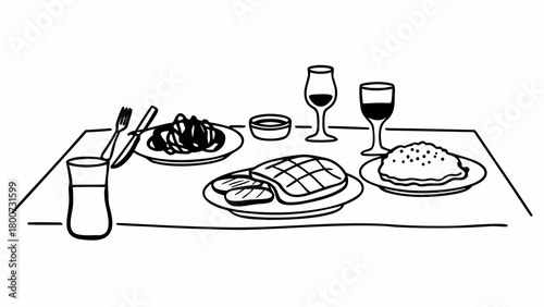 Hand drawn steak dinner set vector illustration with wine glasses and cutlery