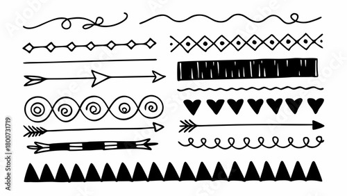 Hand drawn doodle dividers set abstract curly lines arrows hearts geometric shapes vector illustration