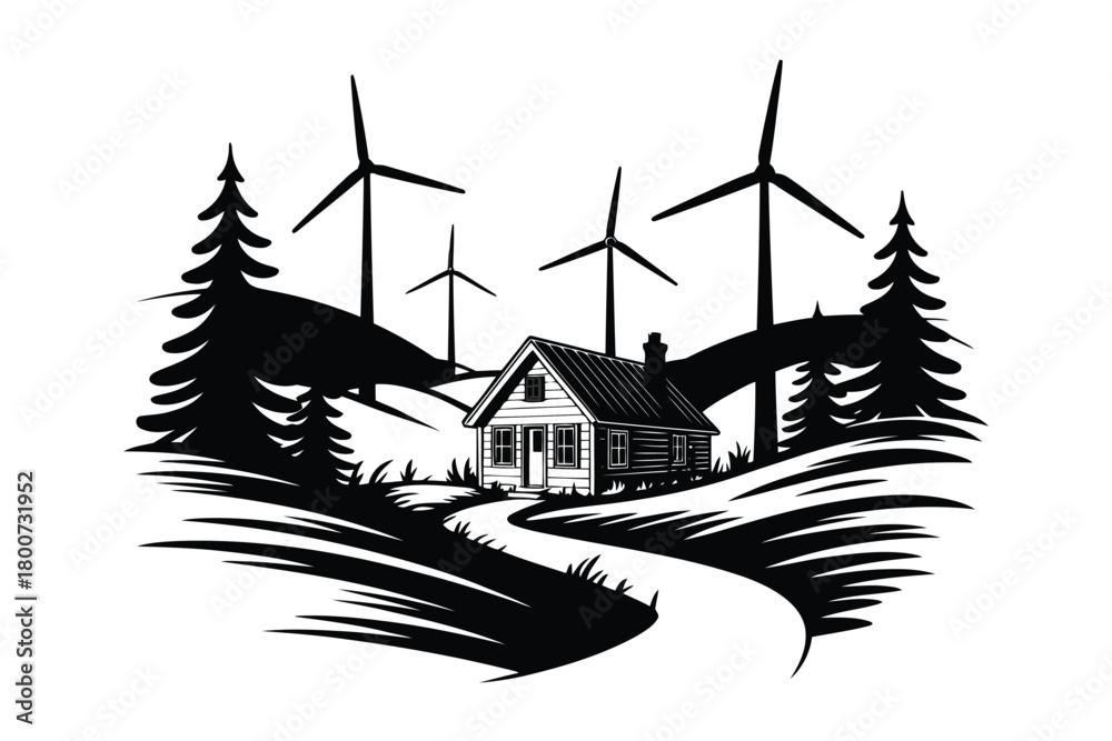 Fototapeta premium Silhouette of a Rustic Cabin with Wind Turbines and Pine Trees on Rolling Hills vector illustration