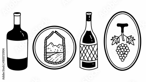 Set of doodle wine bottle labels with vineyard and grapevine illustrations