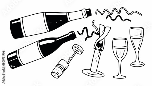 Hand drawn wine bottle set featuring bottles corks wine glasses and corkscrew vector illustration