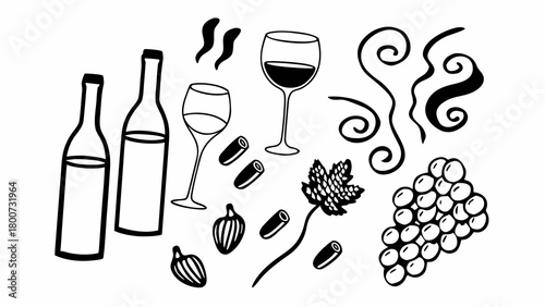 Hand drawn wine tasting elements vector illustration bottle glass grapes aroma swirls
