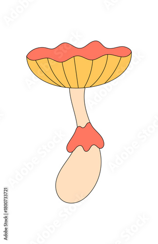 Groovy retro psychedelic mushroom in cartoon graphic style. Colorful trippy shroom with magic groovy element, vibrant and fun for y2k inspired art, playful backgrounds and creative use.