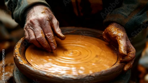 Artisan shaping clay on pottery wheel in workshop