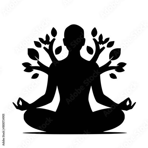 Silhouette Icon of Meditating Figure with Tree Branch Arms 